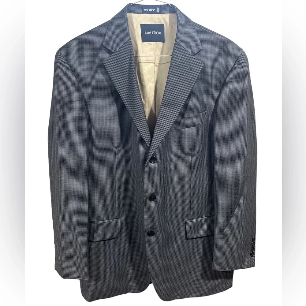 Nautica Wool 3 Button Gray Blue Black Houndstooth Sport Coat Jacket Blazer 42R